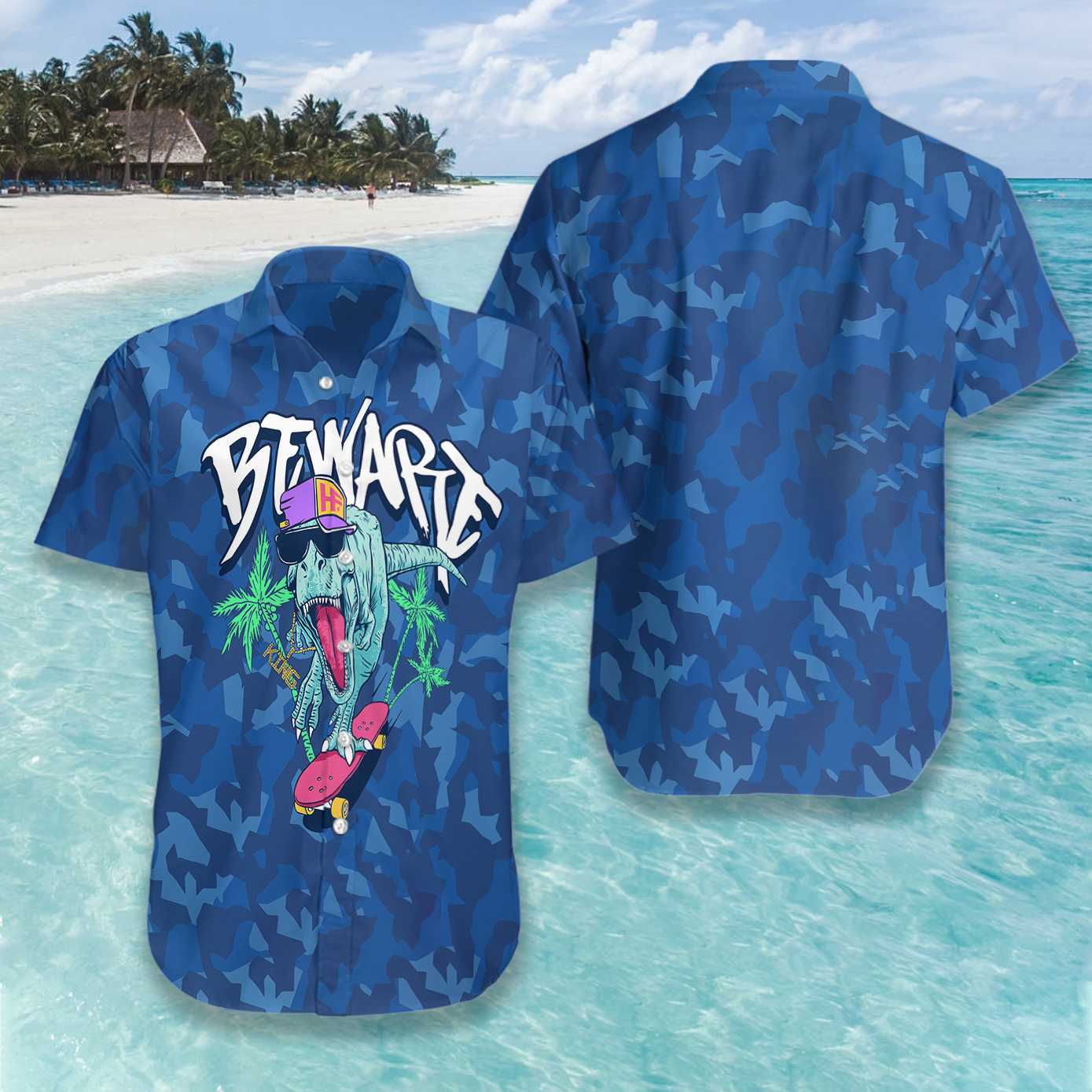 Beware T-Rex Skating Dinosaur Hawaiian Shirt, Dinosaur Surfing On Blue Beach, Summer Beach Aloha Shirt For Men, Perfect Gift For Summer, Beach Lovers, Friends, Husband, Boyfriend, Family