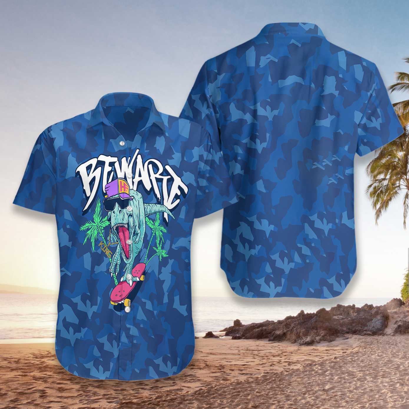 Beware T-Rex Skating Dinosaur Hawaiian Shirt, Dinosaur Surfing On Blue Beach, Summer Beach Aloha Shirt For Men, Perfect Gift For Summer, Beach Lovers, Friends, Husband, Boyfriend, Family