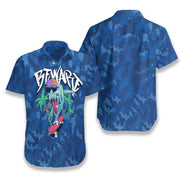 Beware T-Rex Skating Dinosaur Hawaiian Shirt, Dinosaur Surfing On Blue Beach, Summer Beach Aloha Shirt For Men, Perfect Gift For Summer, Beach Lovers, Friends, Husband, Boyfriend, Family