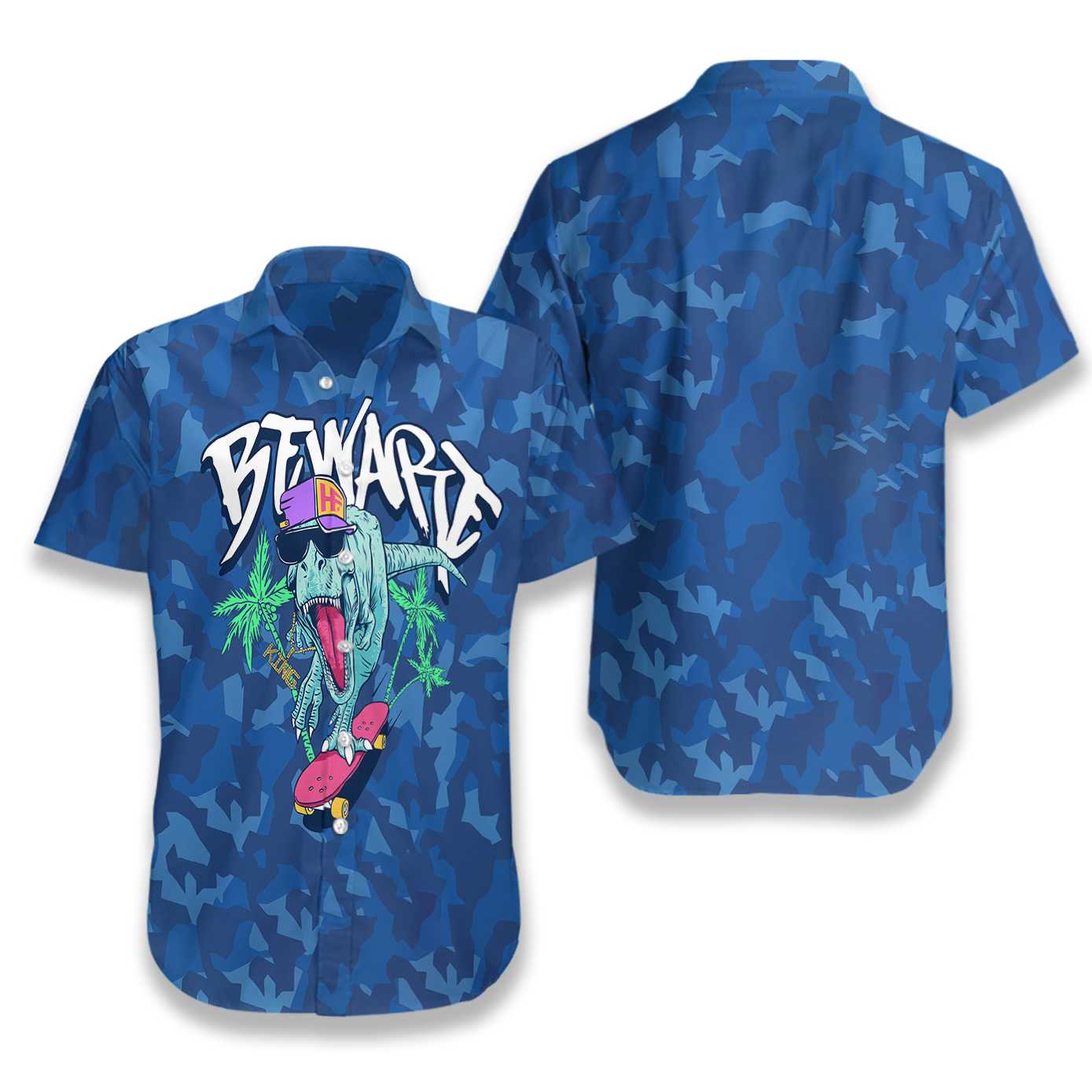 Beware T-Rex Skating Dinosaur Hawaiian Shirt, Dinosaur Surfing On Blue Beach, Summer Beach Aloha Shirt For Men, Perfect Gift For Summer, Beach Lovers, Friends, Husband, Boyfriend, Family