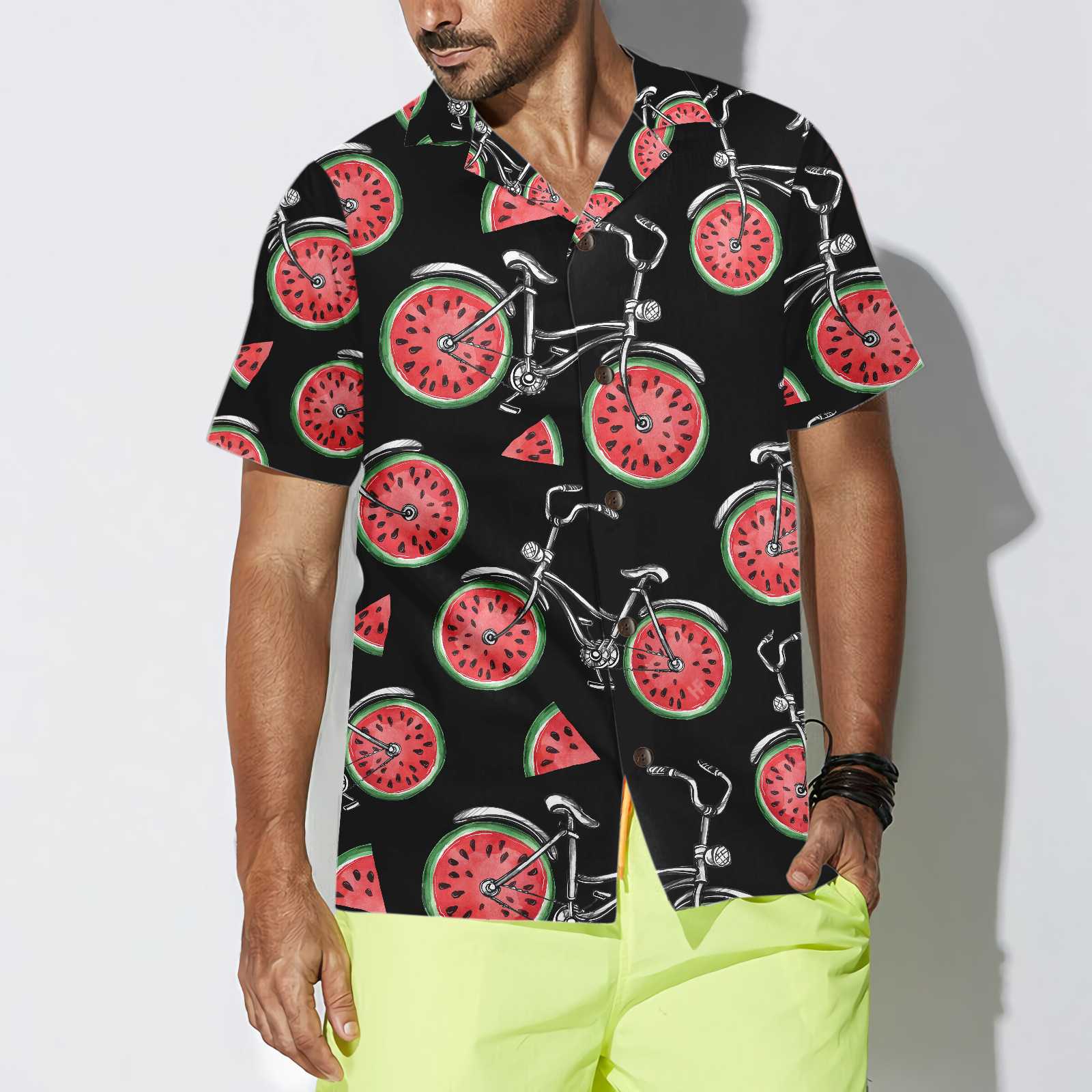 Bicycles With Watermelon Wheels Hawaiian Shirt, Funny Cycling Shirt For Men And Women, Tropical Summer Fruits Aloha Shirt, Perfect Gift For Summer Fruits Lovers, Friends, Husband, Boyfriend, Family