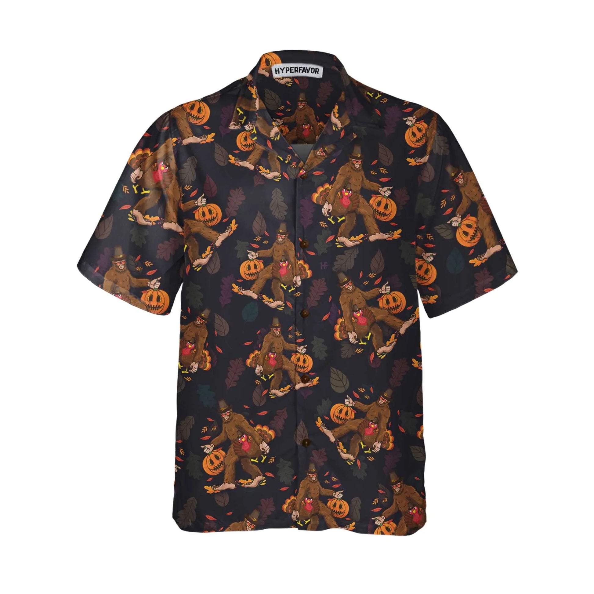 Bigfoot Grabbing Turkey And Pumpkin Hawaiian Shirt, Funny Thanksgiving Bigfoot Shirt, Best Gift For Thanksgiving Day, Bigfoot Halloween Aloha Shirt For Men, Pumpkin Aloha Shirt, Perfect Gift For Halloween Lovers, Friends, Husband, Boyfriend, Family