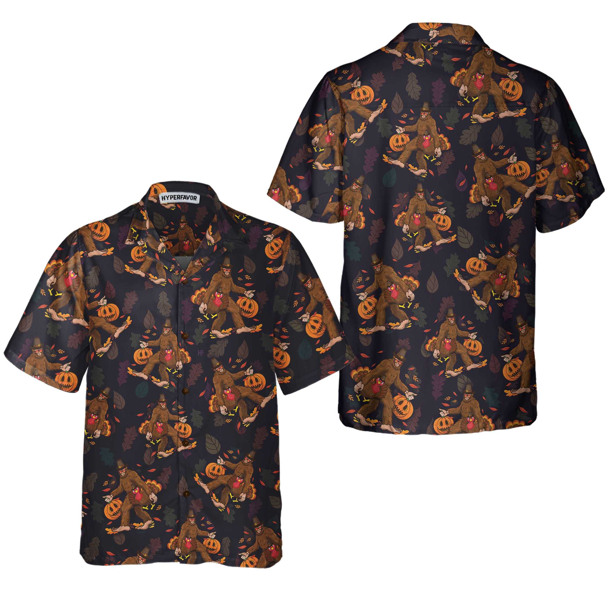 Bigfoot Grabbing Turkey And Pumpkin Hawaiian Shirt, Funny Thanksgiving Bigfoot Shirt, Best Gift For Thanksgiving Day, Bigfoot Halloween Aloha Shirt For Men, Pumpkin Aloha Shirt, Perfect Gift For Halloween Lovers, Friends, Husband, Boyfriend, Family