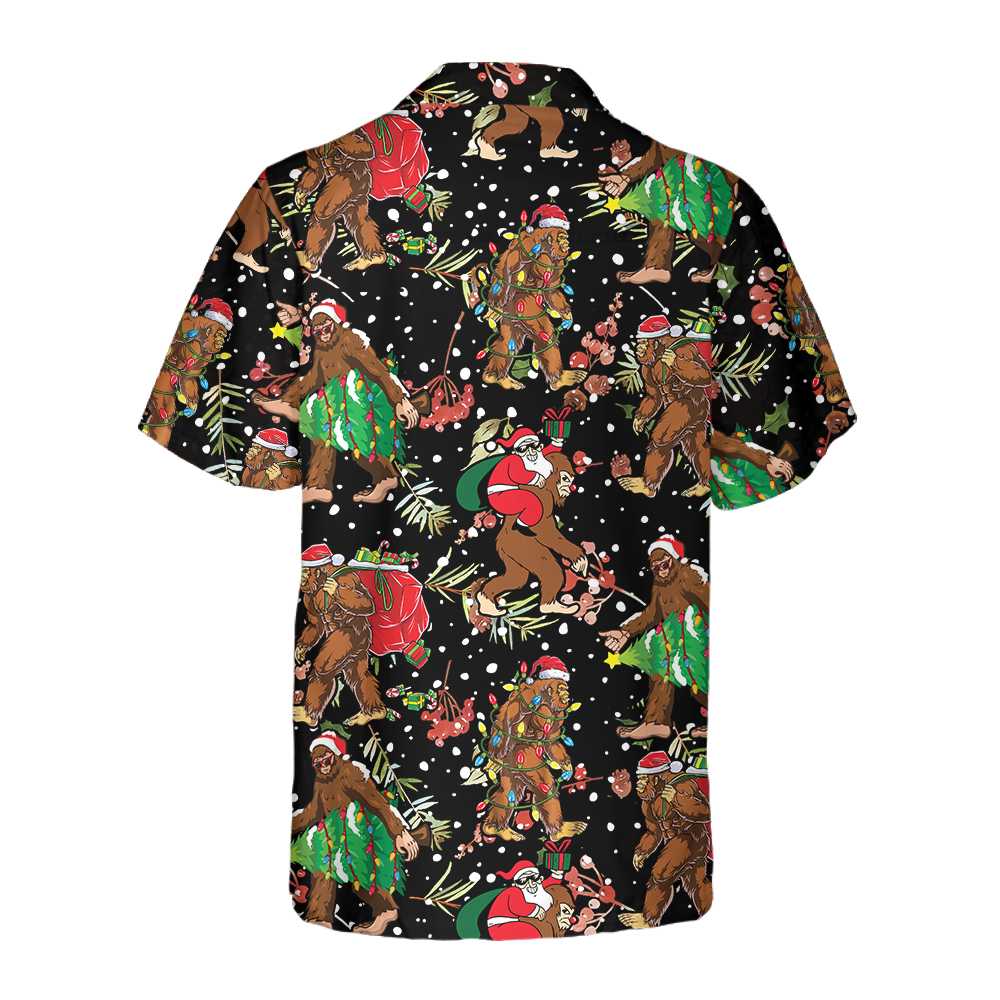 Bigfoot Santa Claus With Christmas Pattern Hawaiian Shirt, Funny Christmas Bigfoot Shirt, Gift For Christmas, Bigfoot Santa Claus Aloha Shirt For Men, Perfect Gift For Christmas Lovers, Friends, Husband, Boyfriend, Family