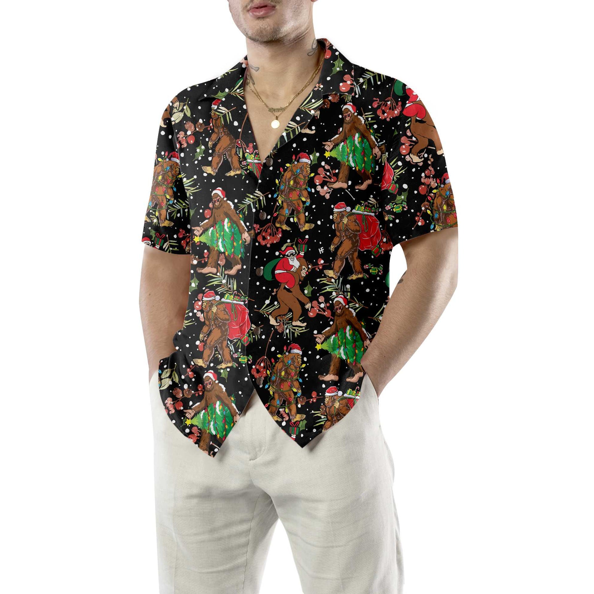 Bigfoot Santa Claus With Christmas Pattern Hawaiian Shirt, Funny Christmas Bigfoot Shirt, Gift For Christmas, Bigfoot Santa Claus Aloha Shirt For Men, Perfect Gift For Christmas Lovers, Friends, Husband, Boyfriend, Family