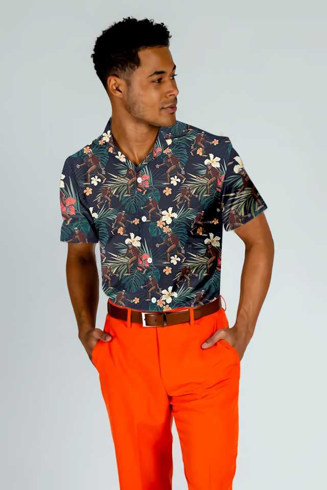 Bigfoot With Tropical Leaves Funny Halloween Hawaiian Shirt, Best Halloween Shirt For Men And Women, Aloha Tropical Leaves Shirt, Perfect Gift For Halloween Lovers, Friends, Husband, Boyfriend, Family
