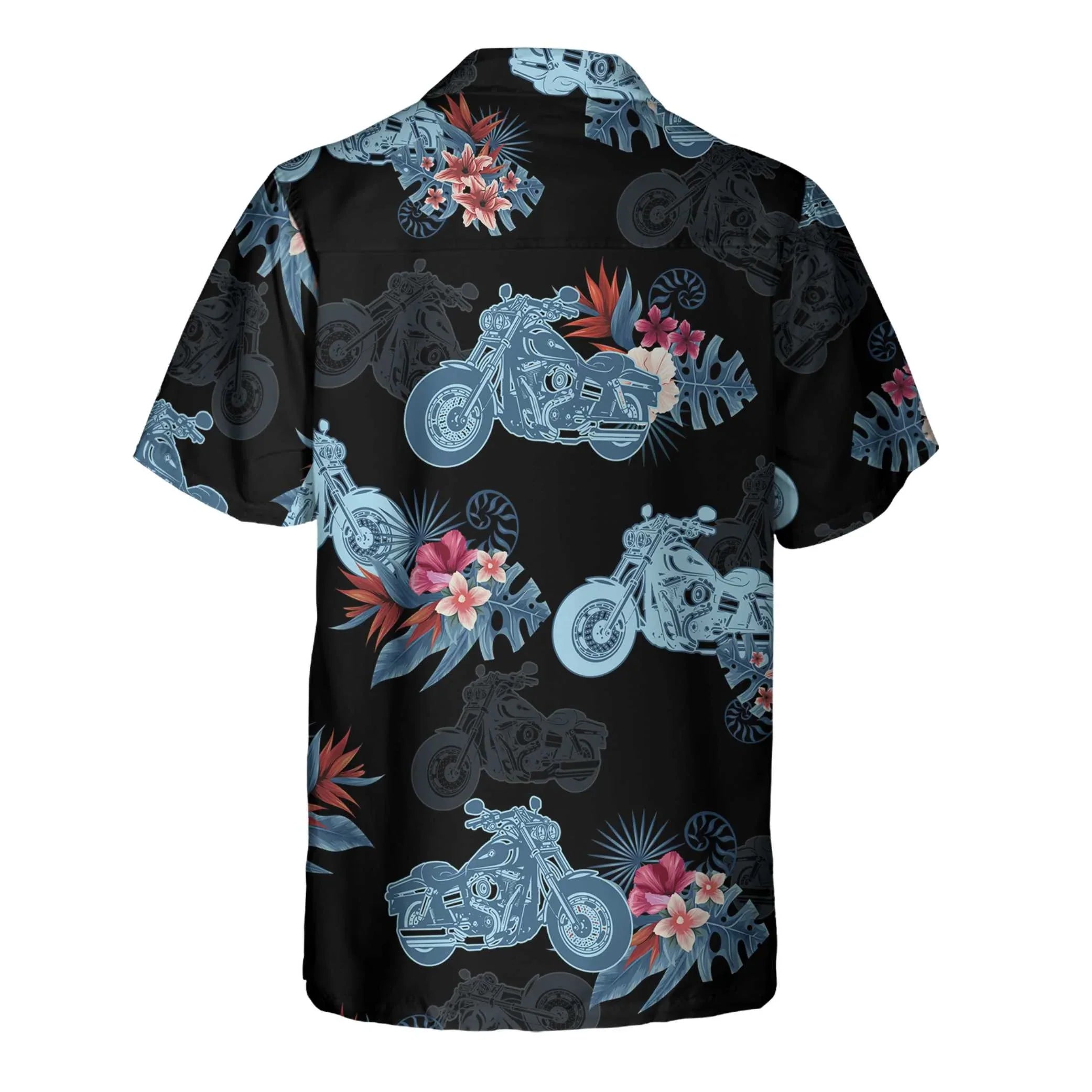 Biker Blue Tropical Flower Pattern Motorcycle Hawaiian Shirt, Unique Gift For Bikers, Husband, Boyfriend
