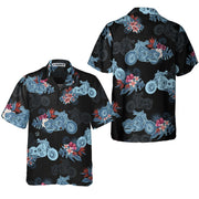 Biker Blue Tropical Flower Pattern Motorcycle Hawaiian Shirt, Unique Gift For Bikers, Husband, Boyfriend