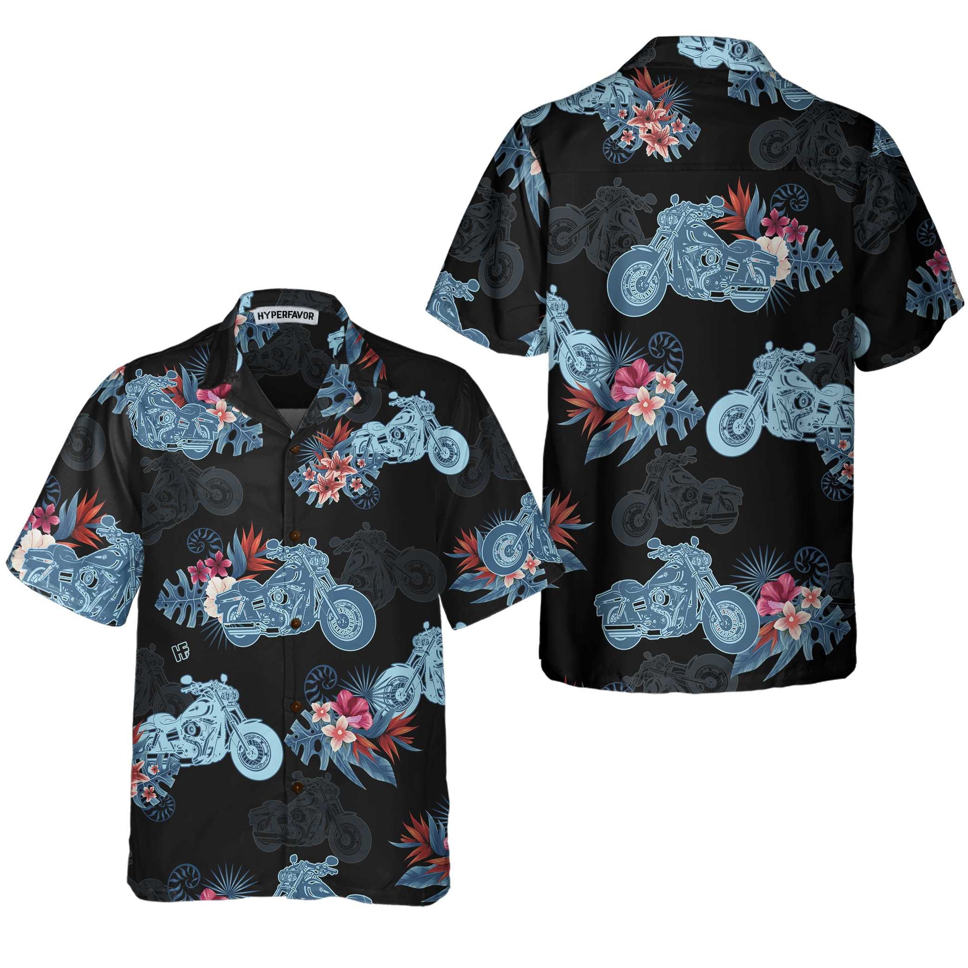 Biker Blue Tropical Flower Pattern Motorcycle Hawaiian Shirt, Unique Gift For Bikers, Husband, Boyfriend