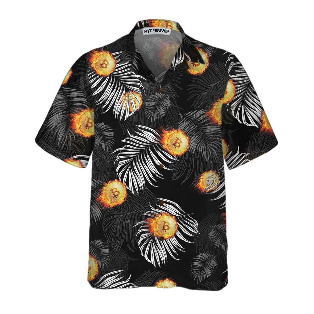 Bitcoin Flame And Tropical Pattern Hawaiian Shirt, Bitcoin Aloha Shirt For Men - Perfect Gift For Bitcoin Lovers, Family, Friends, Husband, Boyfriend