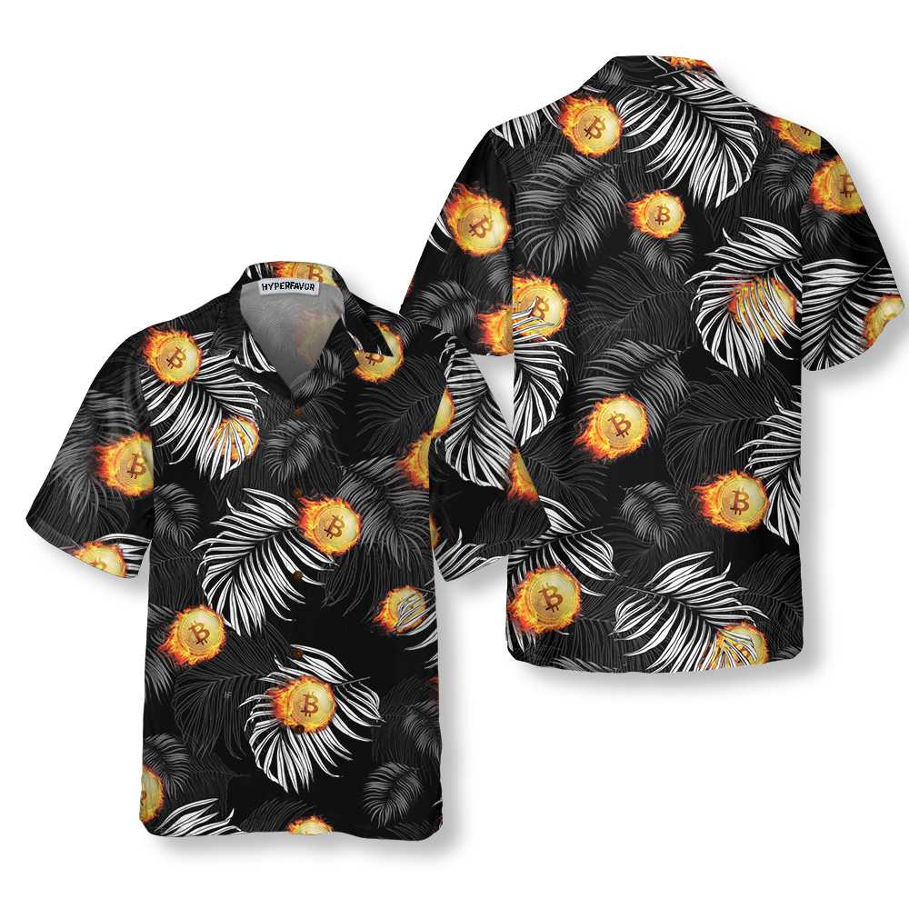 Bitcoin Flame And Tropical Pattern Hawaiian Shirt, Bitcoin Aloha Shirt For Men - Perfect Gift For Bitcoin Lovers, Family, Friends, Husband, Boyfriend
