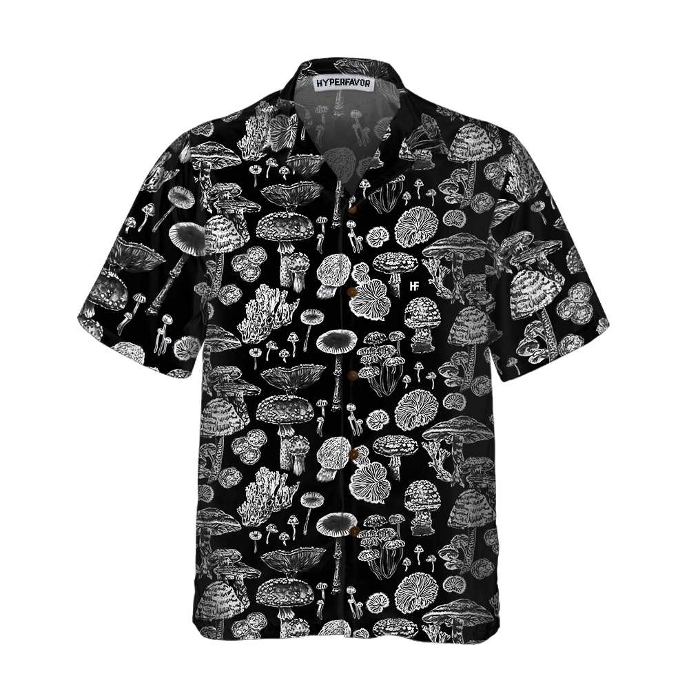 Mushroom Hawaiian Shirt, Black and White Mushroom Shirt For Men & Women - Perfect Gift Husband, Wife, Boyfriend, Girlfriend, Family, Friends
