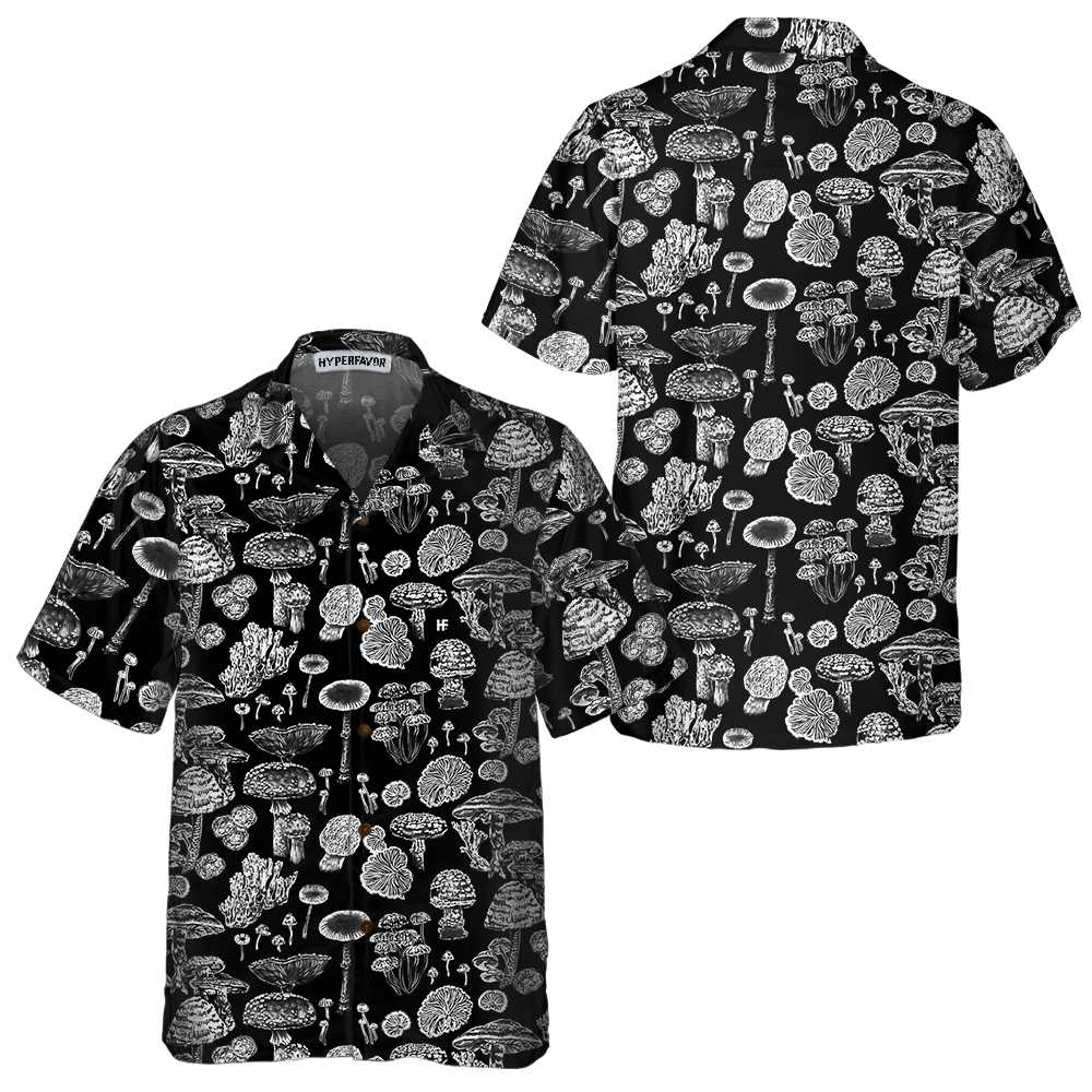 Mushroom Hawaiian Shirt, Black and White Mushroom Shirt For Men & Women - Perfect Gift Husband, Wife, Boyfriend, Girlfriend, Family, Friends