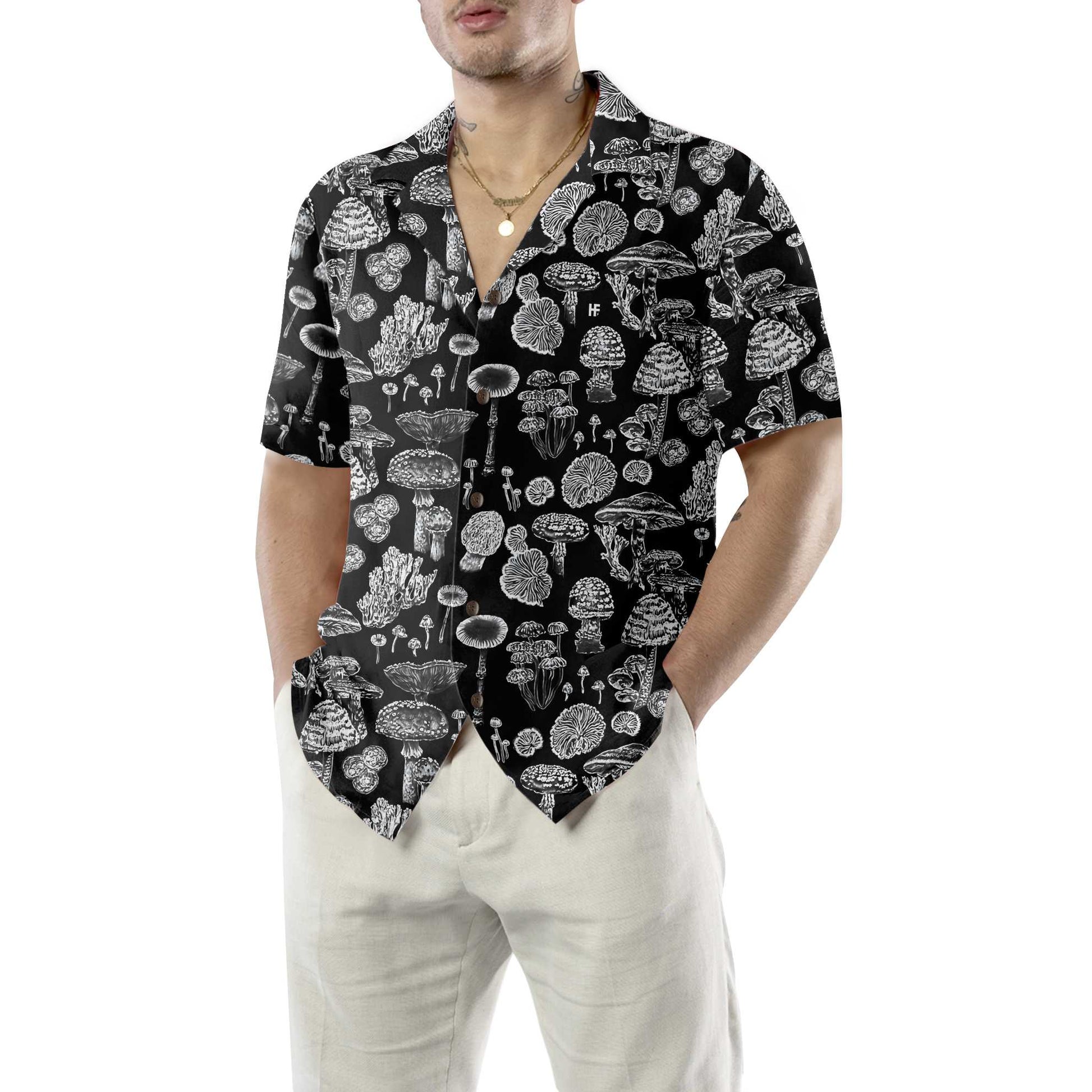 Mushroom Hawaiian Shirt, Black and White Mushroom Shirt For Men & Women - Perfect Gift Husband, Wife, Boyfriend, Girlfriend, Family, Friends