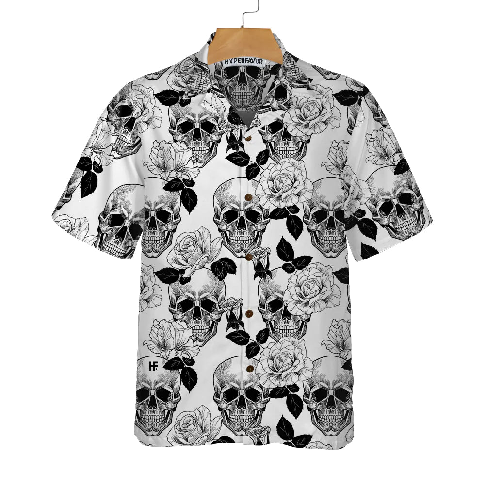 Black And White Skull Roses Hawaiian Shirt, Seamless Pattern Skull Shirt, Hawaiian Shirt For Men, Best Gift For Husband, Boyfriend, Friends, Family