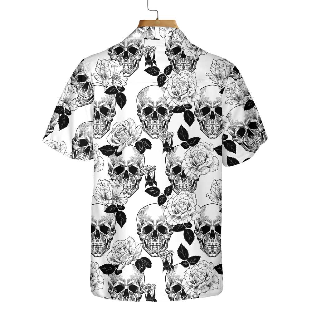 Black And White Skull Roses Hawaiian Shirt, Seamless Pattern Skull Shirt, Hawaiian Shirt For Men, Best Gift For Husband, Boyfriend, Friends, Family