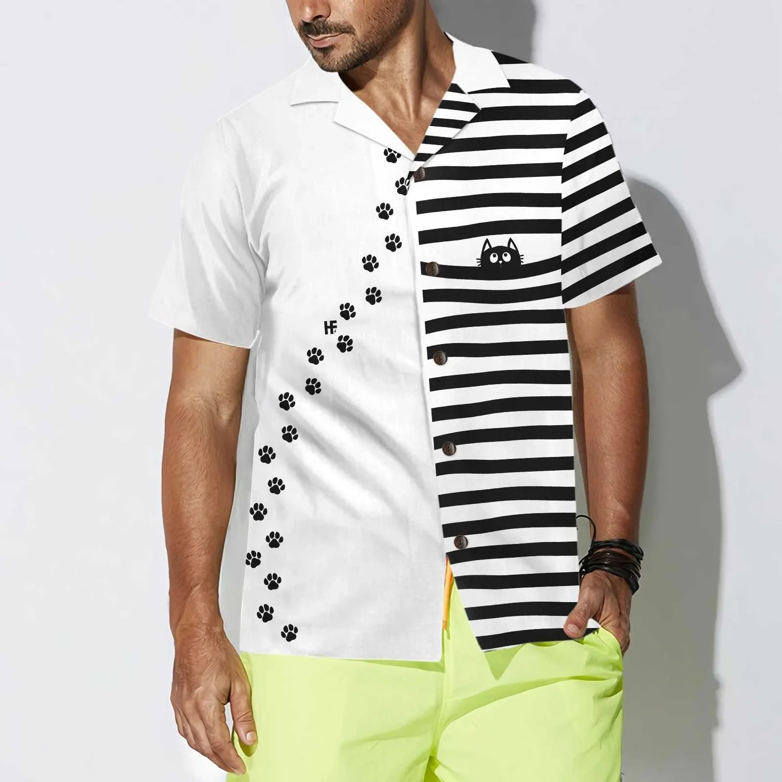 Black Cat Paw Print Hawaiian Shirt, Cat Themed Gift For Cat Lovers, Best Gift For Husband, Boyfriend, Friends, Family