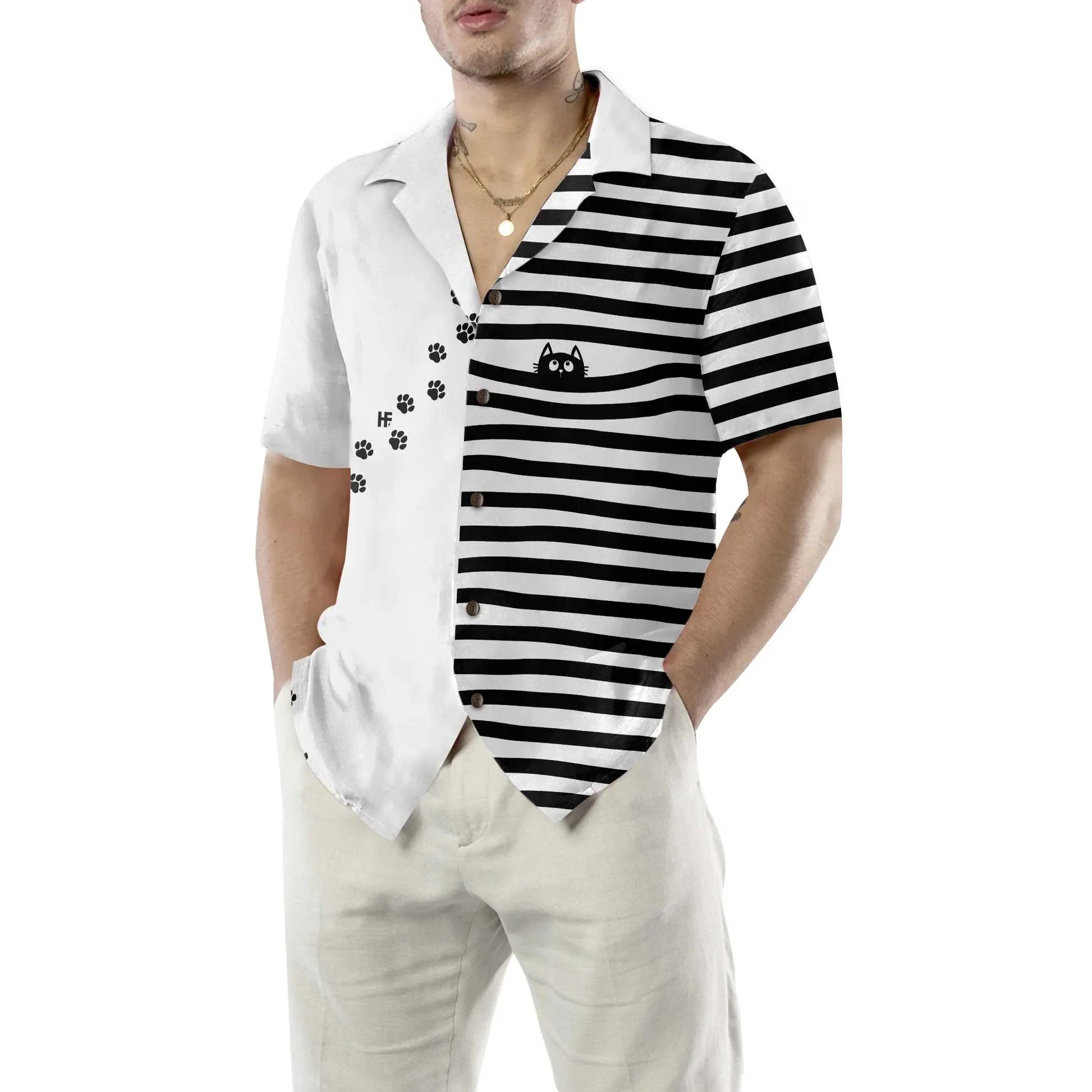 Black Cat Paw Print Hawaiian Shirt, Cat Themed Gift For Cat Lovers, Best Gift For Husband, Boyfriend, Friends, Family