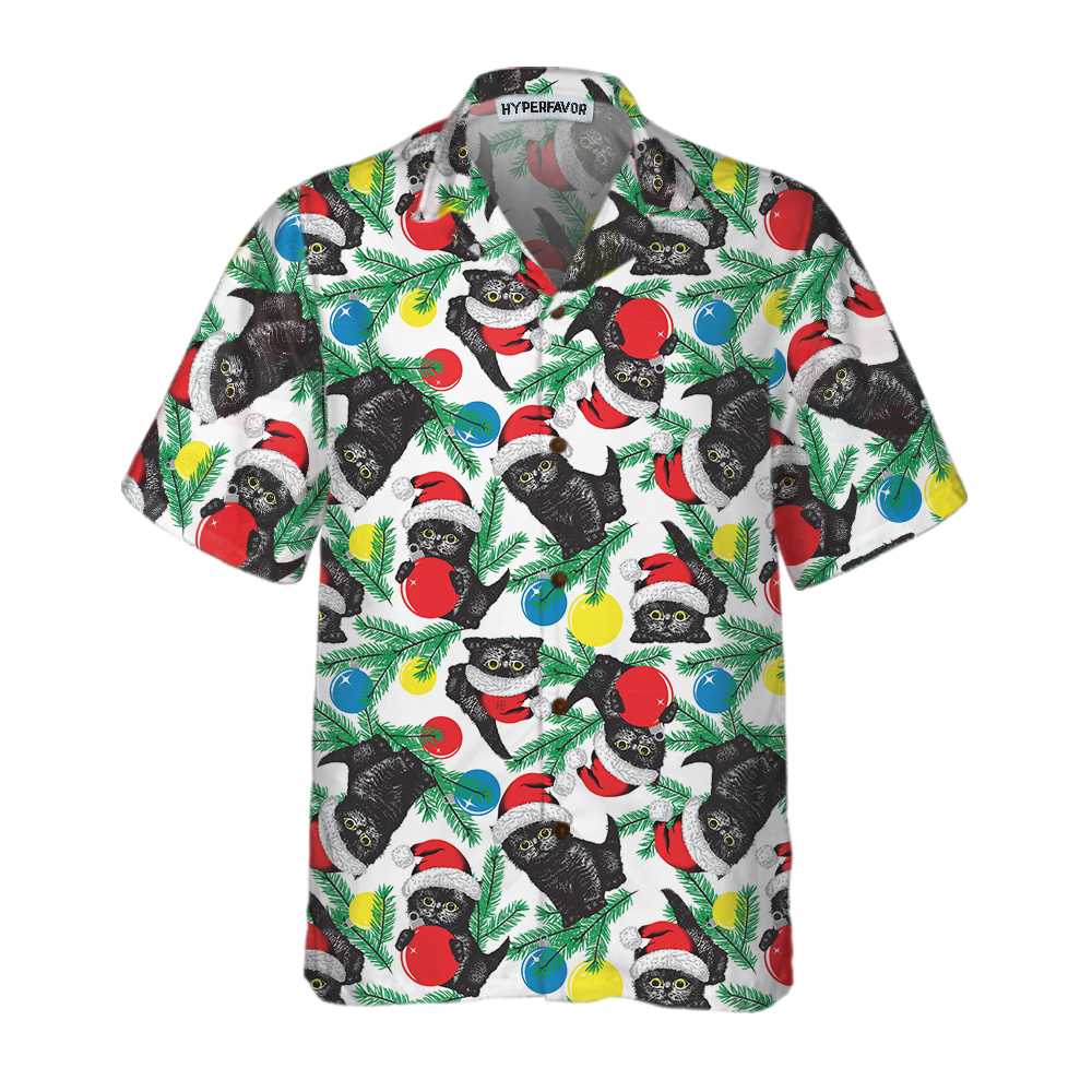 Black Cat Hawaiian Shirt , Cat Wearing Santa Hat , Funny Christmas Cat Shirt - Perfect Gift For Friends, Husband, Boyfriend, Girlfriend, Family