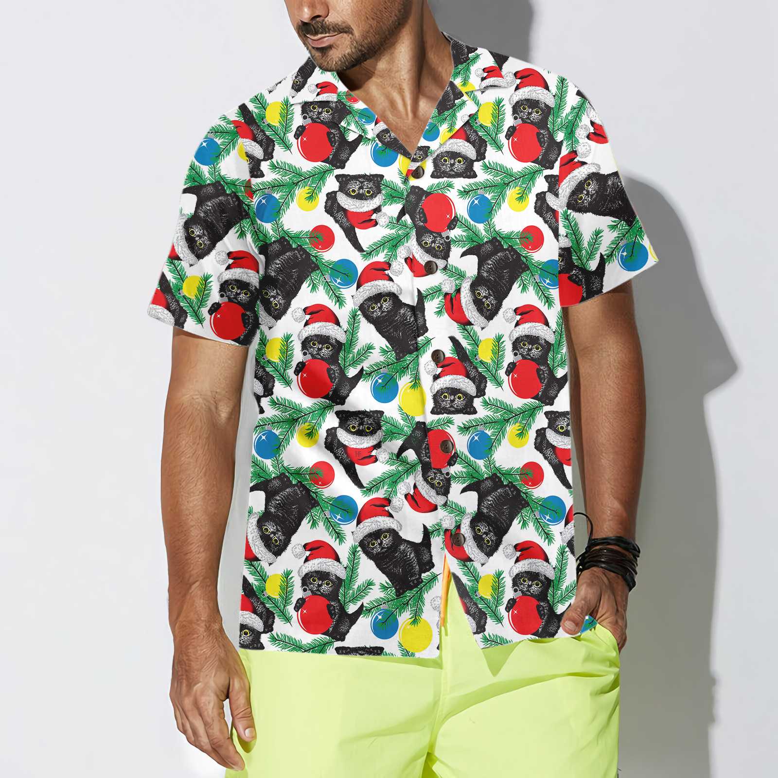 Black Cat Hawaiian Shirt , Cat Wearing Santa Hat , Funny Christmas Cat Shirt - Perfect Gift For Friends, Husband, Boyfriend, Girlfriend, Family