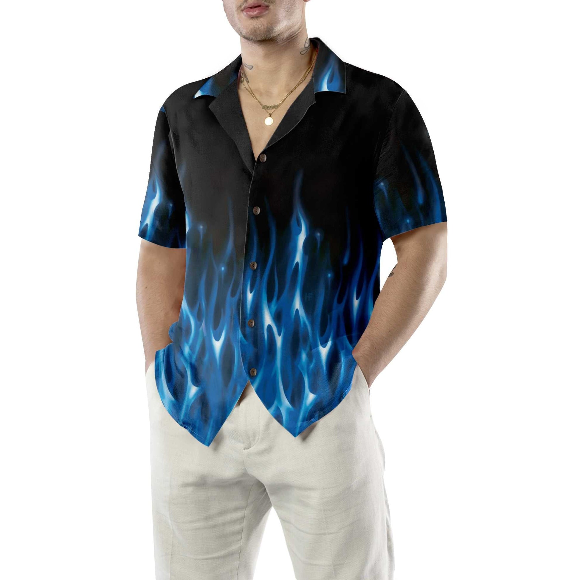 Blue Flame Hawaiian Shirt, Short Sleeve Flame Shirt For Men, Flame Print Shirt, Best Gift For lover, Friend, Family