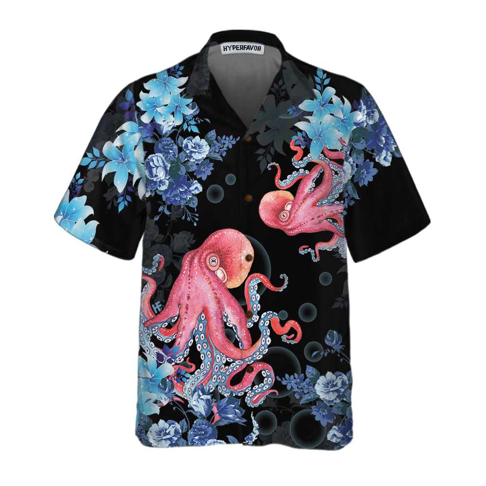 Blue Floral And Octopus Hawaiian Shirt, Short Sleeve Octopus Shirt For Men, Best Gift For lover, Friend, Family