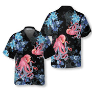 Blue Floral And Octopus Hawaiian Shirt, Short Sleeve Octopus Shirt For Men, Best Gift For lover, Friend, Family