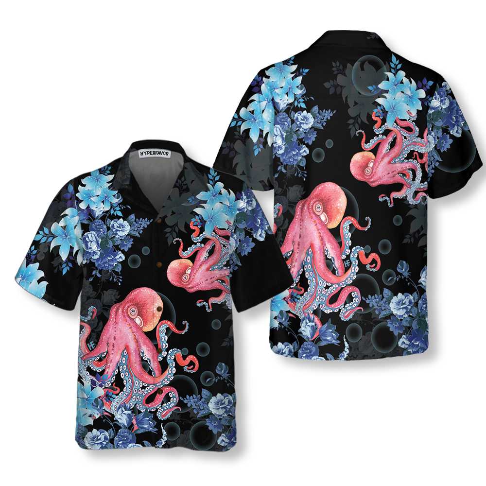 Blue Floral And Octopus Hawaiian Shirt, Short Sleeve Octopus Shirt For Men, Best Gift For lover, Friend, Family