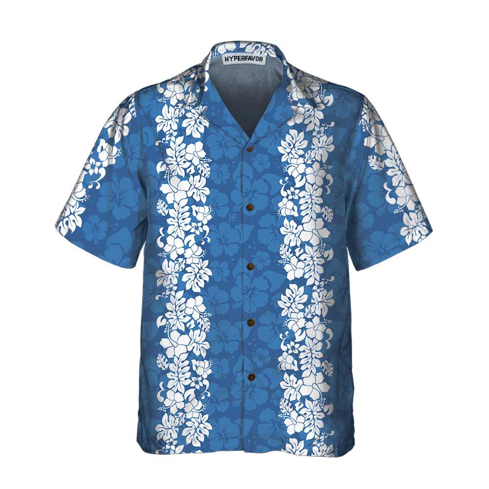 Blue Hibiscus Pattern Hawaiian Shirt, Short Sleeve Vintage White And Blue Hibiscus Print Shirt, Best Gift For lover, Friend, Family