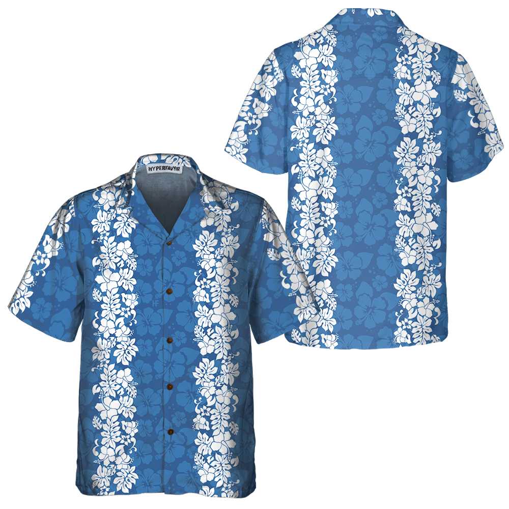 Blue Hibiscus Pattern Hawaiian Shirt, Short Sleeve Vintage White And Blue Hibiscus Print Shirt, Best Gift For lover, Friend, Family