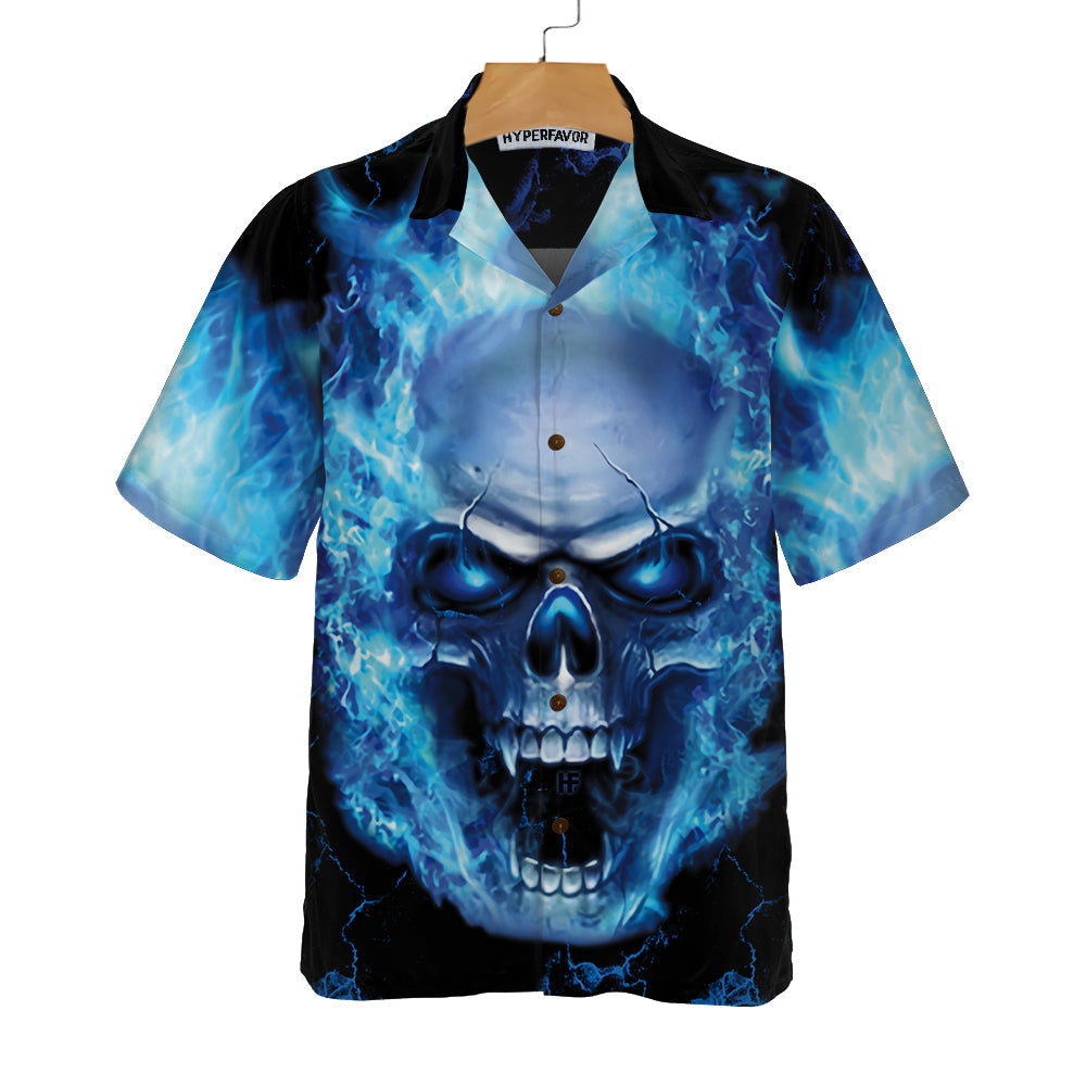 Blue Neon Skull Flame Hawaiian Shirt, 3D Blue Fire Skull Shirt, Best Gift For lover, Friend, Family