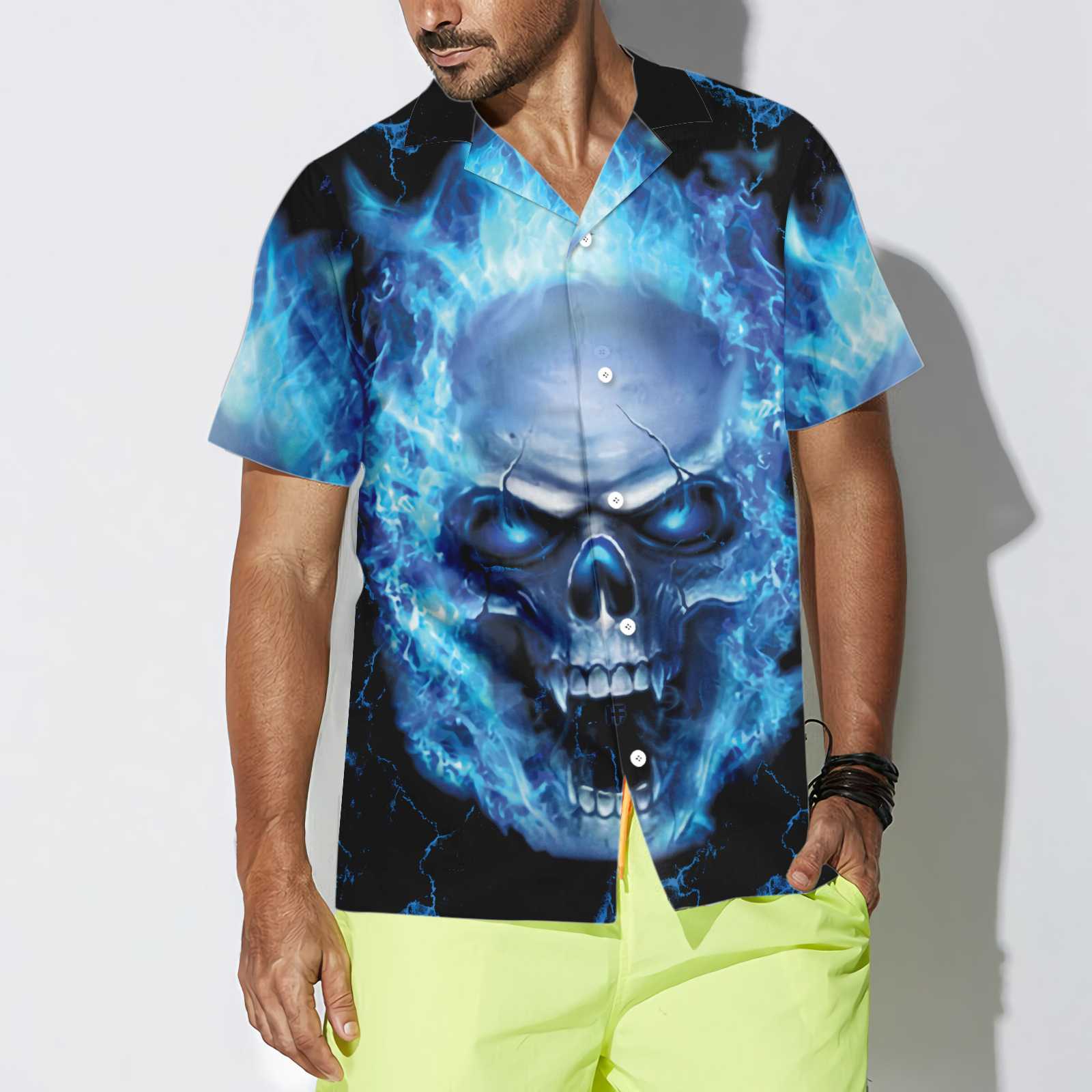 Blue Neon Skull Flame Hawaiian Shirt, 3D Blue Fire Skull Shirt, Best Gift For lover, Friend, Family