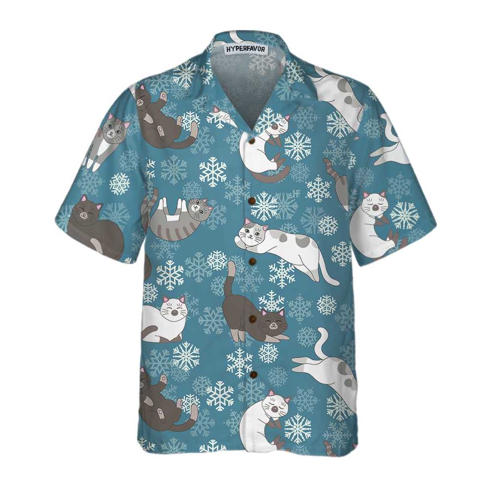 Blue Snowflakes Adorable Kittens Hawaiian Shirt, Funny Christmas Aloha Shirt, Best Gift For lover, Friend, Family