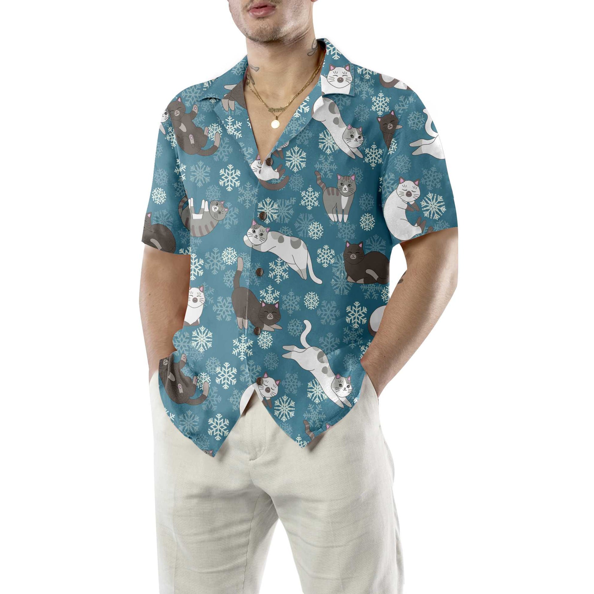 Blue Snowflakes Adorable Kittens Hawaiian Shirt, Funny Christmas Aloha Shirt, Best Gift For lover, Friend, Family