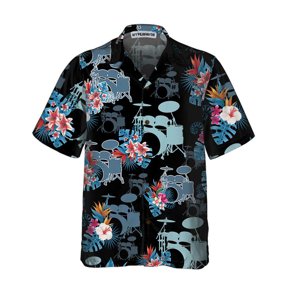 Blue Tropical Flower Drum Hawaiian Shirt, Drum Shirt For Men, Gift For Drummers, Best Gift For lover, Friend, Family