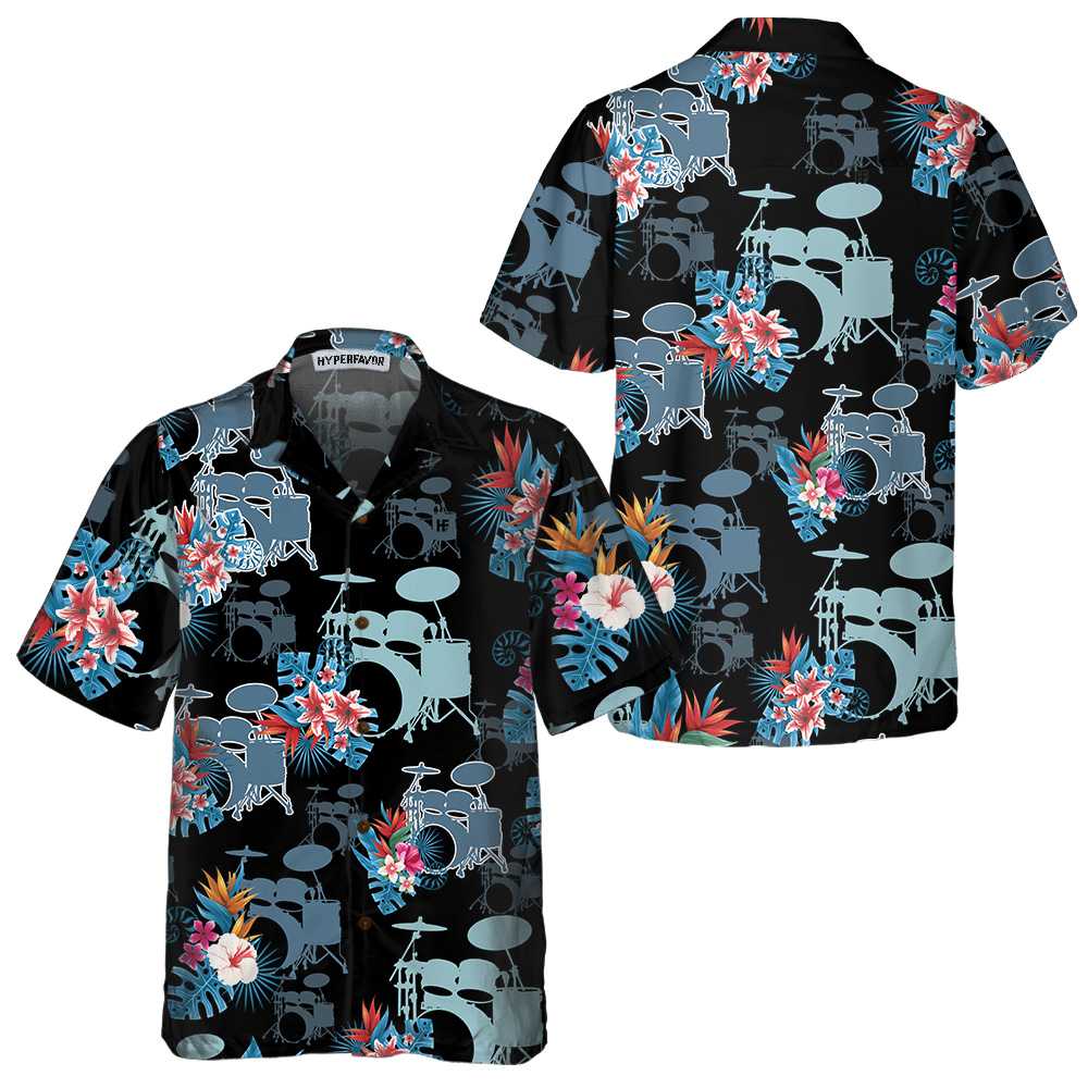 Blue Tropical Flower Drum Hawaiian Shirt, Drum Shirt For Men, Gift For Drummers, Best Gift For lover, Friend, Family