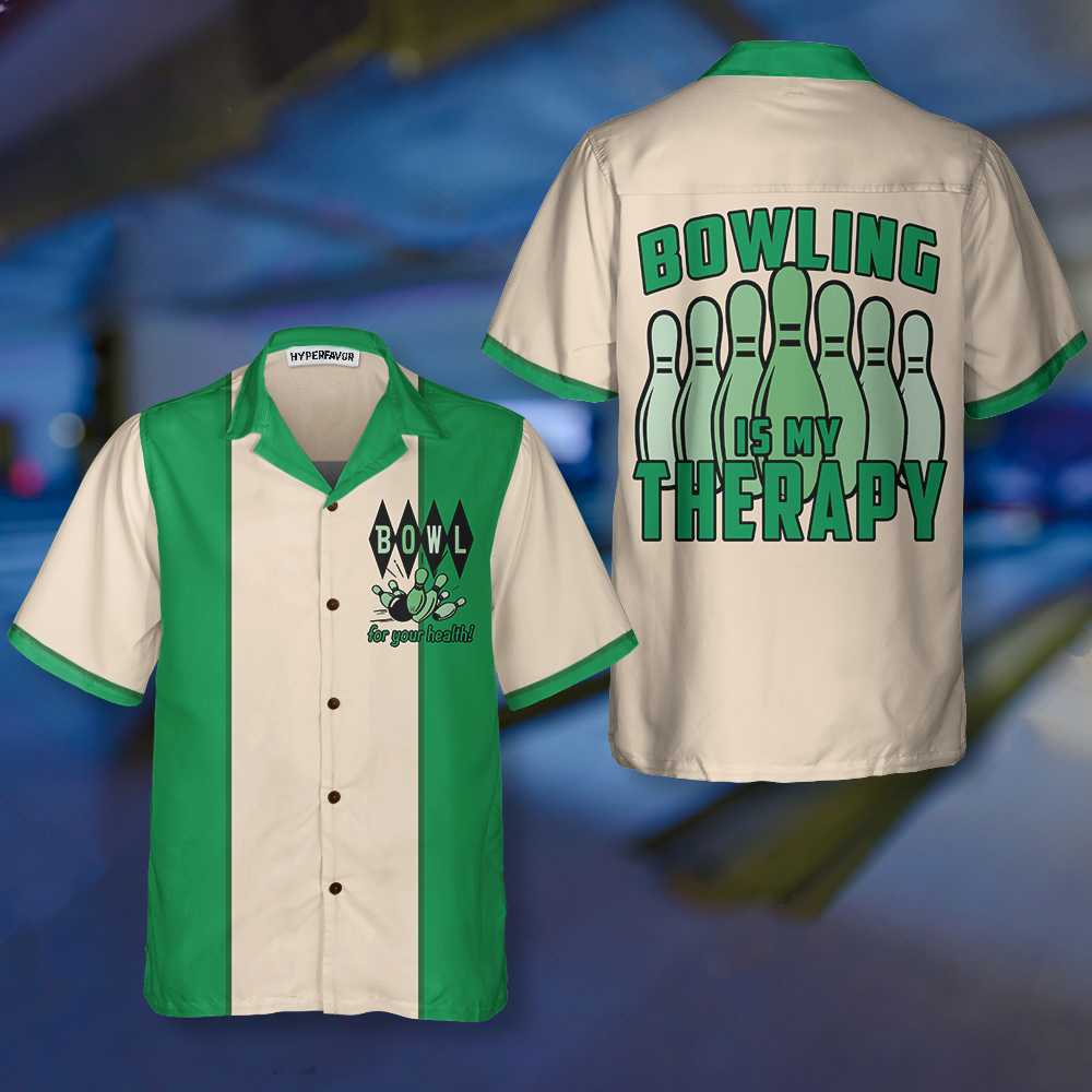 Bowling Is My Therapy Hawaiian Shirt, Green And White Bowling Shirt, Best Gift For Bowling Players, Friend, Family
