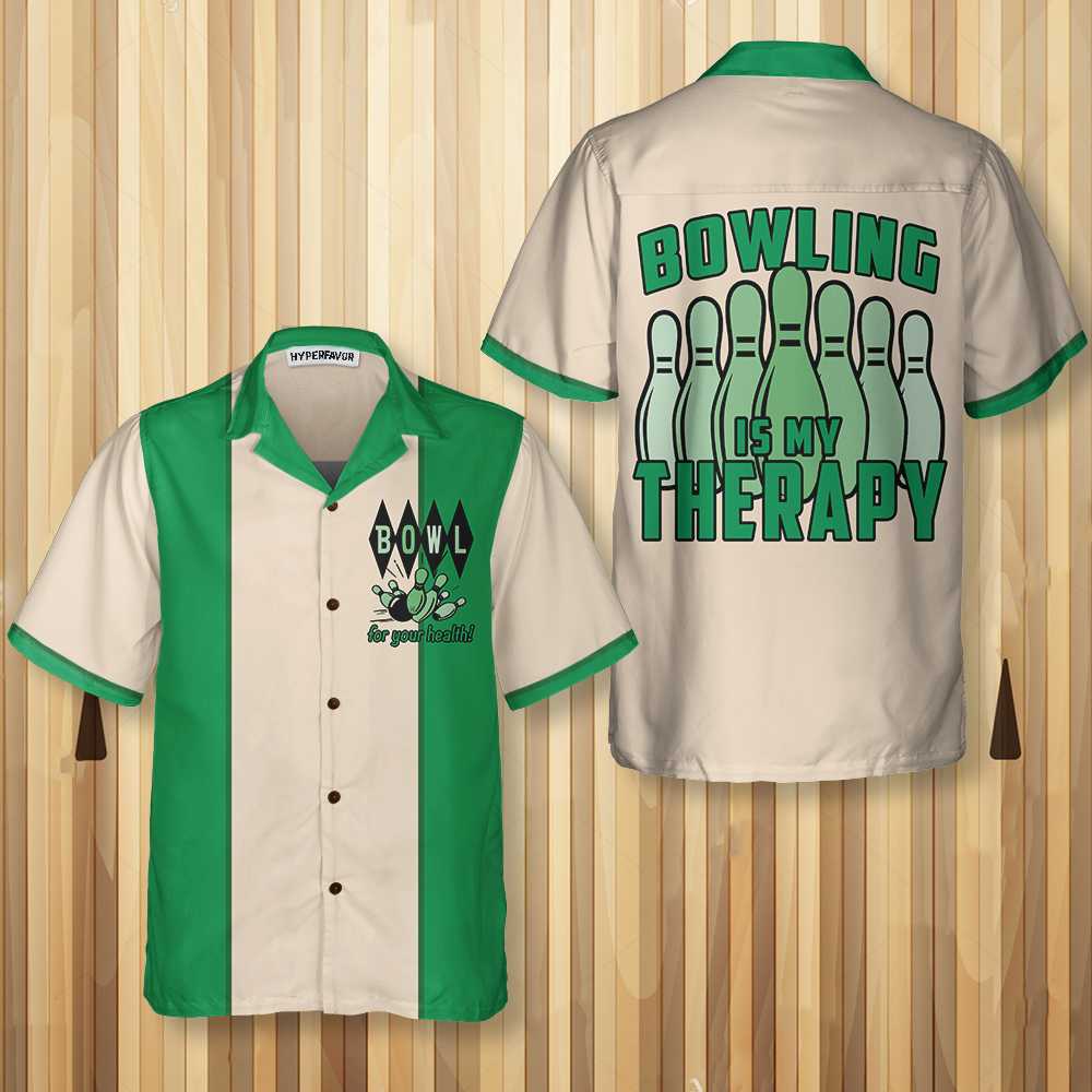 Bowling Is My Therapy Hawaiian Shirt, Green And White Bowling Shirt, Best Gift For Bowling Players, Friend, Family