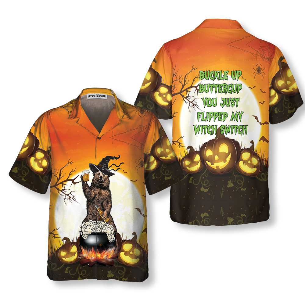 Buckle Up Buttercup You Just Flipped My Witch Switch Camping Bear Hawaiian Shirt, Unique Halloween Camping Shirt, Best Gift For Friend, Family