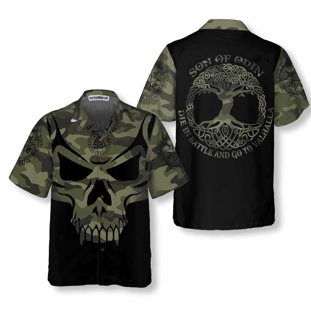 Camouflage Skull Viking Hawaiian Shirt, Son Of Odin Viking Shirt, Best Gift For Husband, Boyfriend, Friend, Family