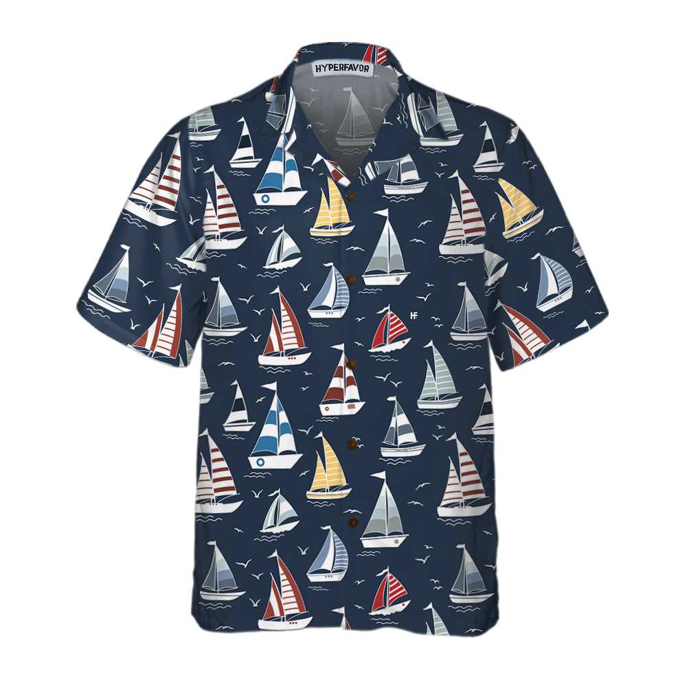 Cartoon Boat Pattern Hawaiian Shirt, Short Sleeve Sailboat Shirt, Unique Nautical Shirt, Best Gift For Cartoon Lover, Friend, Family