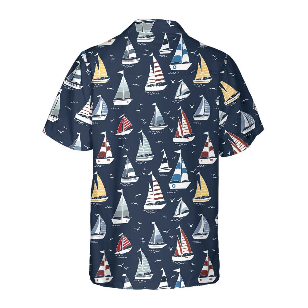 Cartoon Boat Pattern Hawaiian Shirt, Short Sleeve Sailboat Shirt, Unique Nautical Shirt, Best Gift For Cartoon Lover, Friend, Family