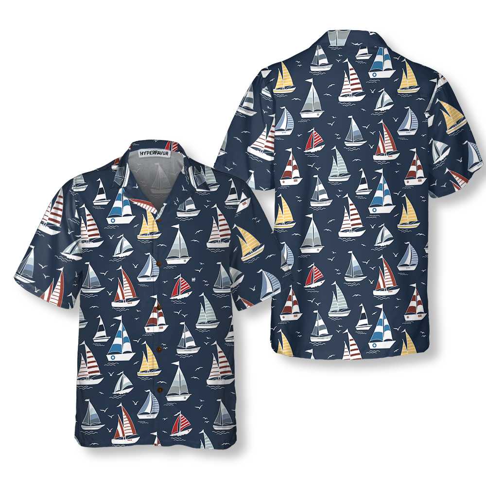 Cartoon Boat Pattern Hawaiian Shirt, Short Sleeve Sailboat Shirt, Unique Nautical Shirt, Best Gift For Cartoon Lover, Friend, Family