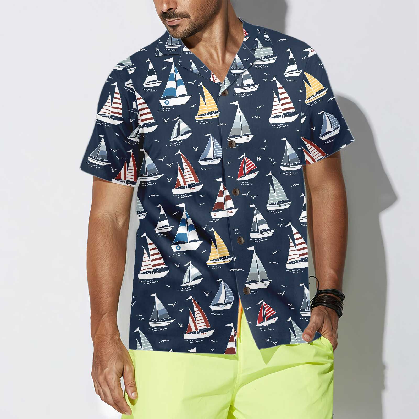 Cartoon Boat Pattern Hawaiian Shirt, Short Sleeve Sailboat Shirt, Unique Nautical Shirt, Best Gift For Cartoon Lover, Friend, Family