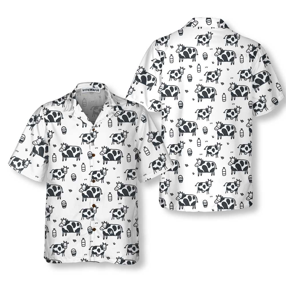 Cartoon Cow Hawaiian Shirt, Funny Cow Print Button Up Shirt For Men & Women, Best Gift For Cartoon Lover, Friend, Family