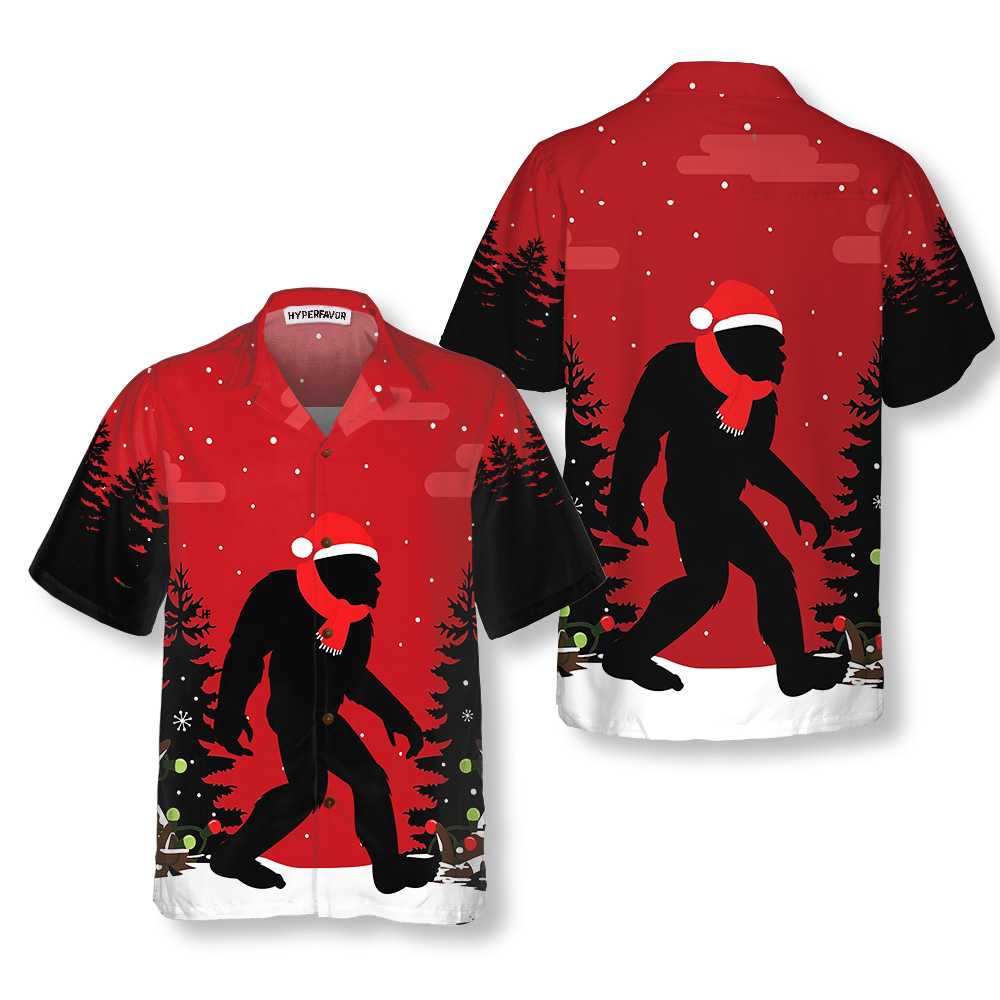 Christmas Bigfoot In The Forest Hawaiian Shirt, Funny Christmas Bigfoot Shirt For Men, Best Gift For Friend, Family