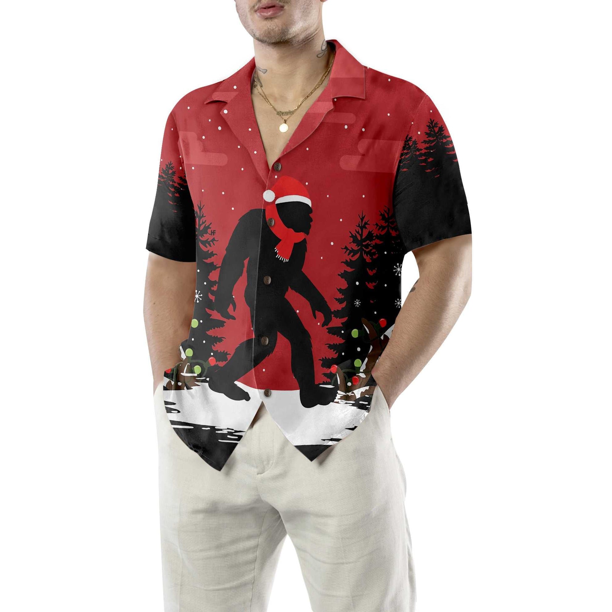 Christmas Bigfoot In The Forest Hawaiian Shirt, Funny Christmas Bigfoot Shirt For Men, Best Gift For Friend, Family