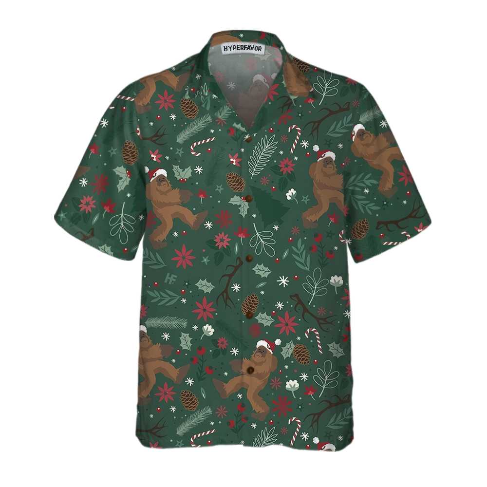 Christmas Bigfoot Pattern Hawaiian Shirt, Funny Bigfoot Christmas Shirt For Men, Best Gift For Friend, Family