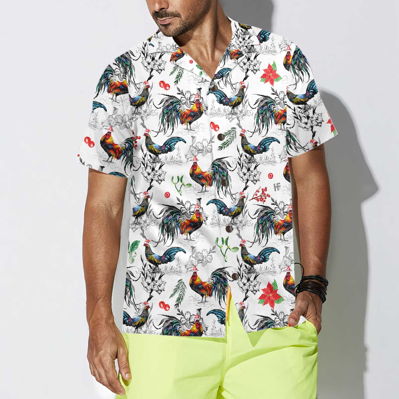 Christmas Chicken With Poinsettia Flower Hawaiian Shirt, Tropical Christmas Shirt For Men, Best Gift For Christmas, Friend, Family