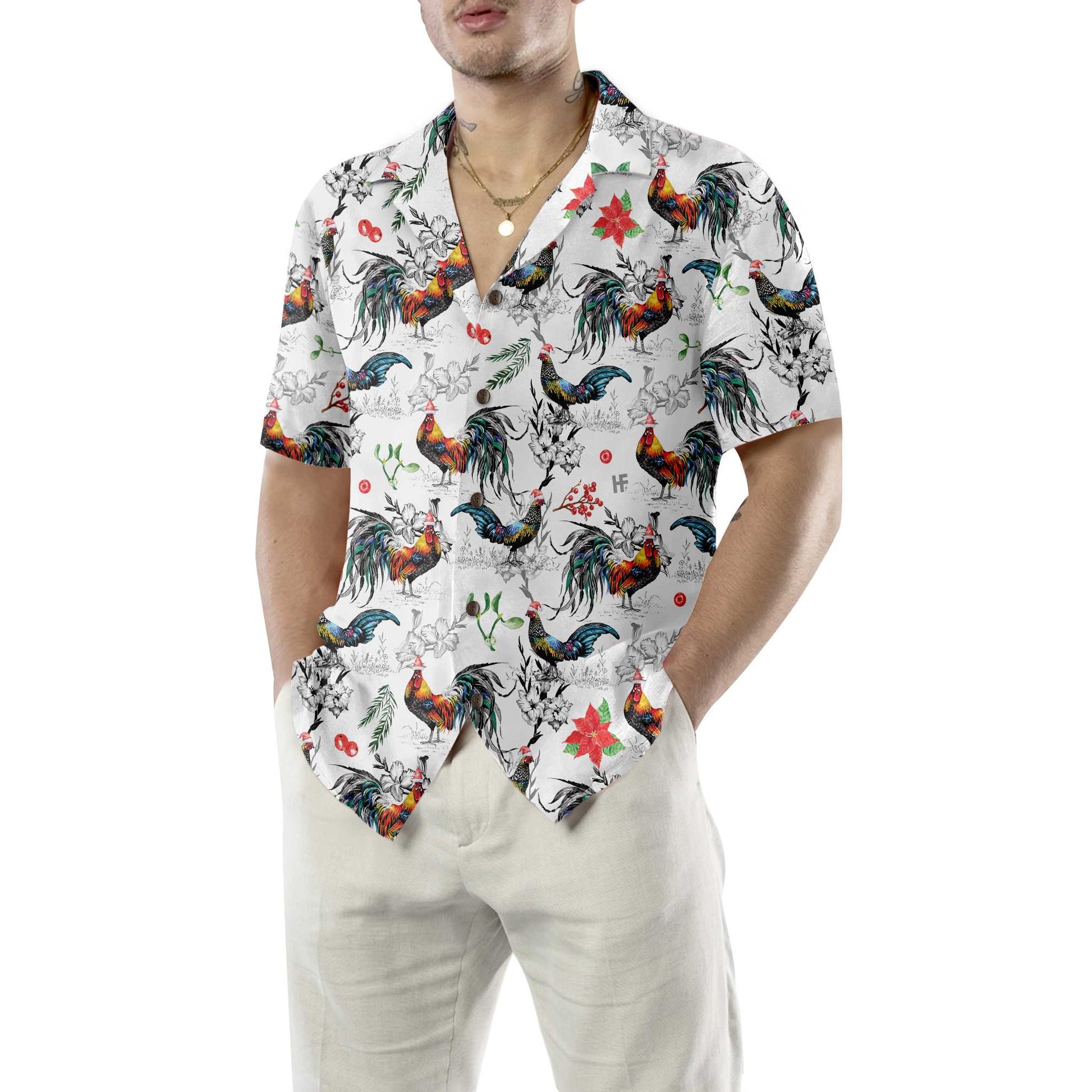 Christmas Chicken With Poinsettia Flower Hawaiian Shirt, Tropical Christmas Shirt For Men, Best Gift For Christmas, Friend, Family